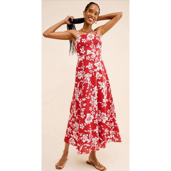 MADEWELL Womens 6 Red Floral Adjustable Straps Square Neck Smock Back MIDI Dress - Picture 1 of 11